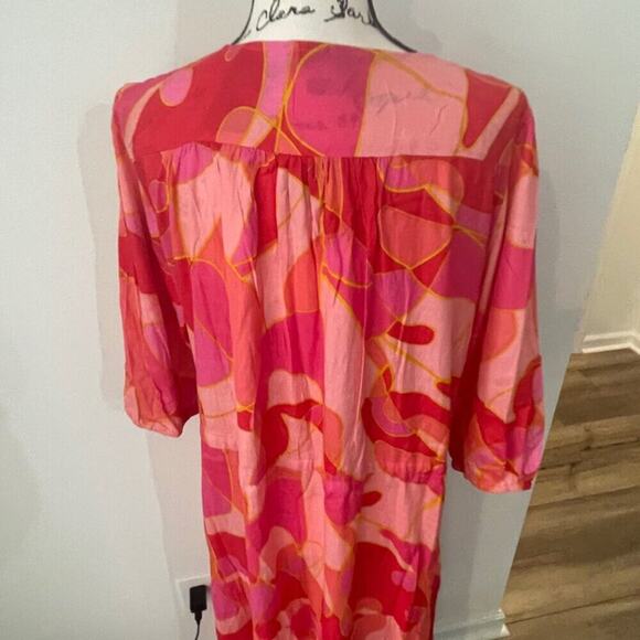 SMOCKED MAXI DRESS Sz 3XL PINK/ORANGE TIERED 3/4 Sleeve BOHO CHIC 100% RAYON - Picture 11 of 16